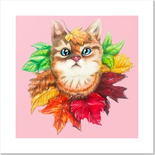 Fall Leaves Cat Posters and Art